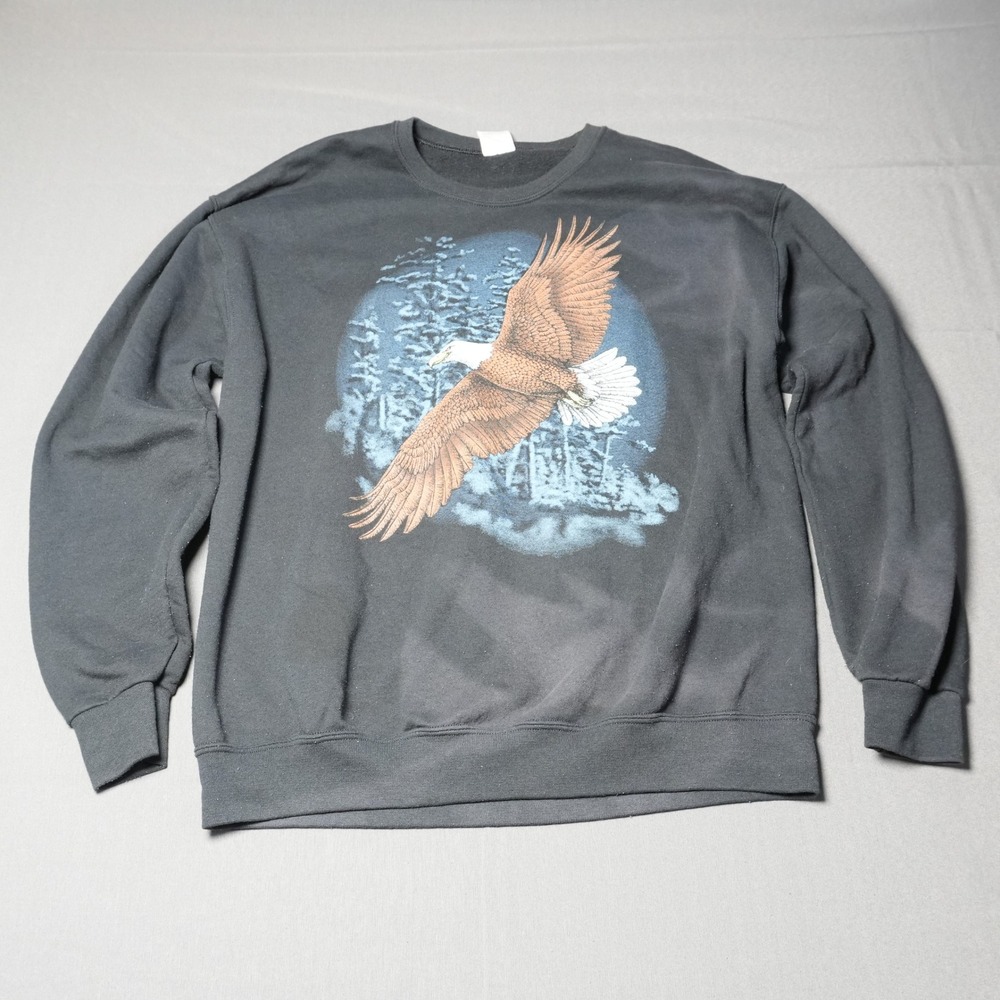 Vintage 90s Jerzees Bald Eagle Crewneck Sweatshirt L Black Grunge Sun Fading